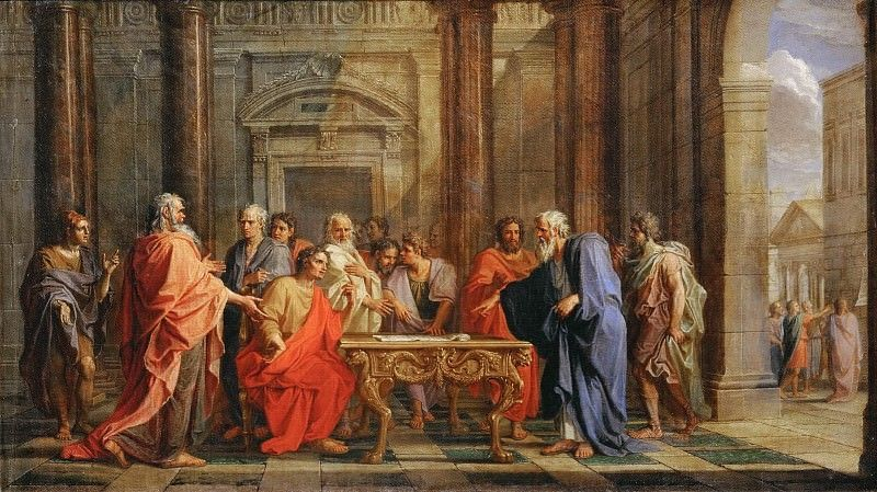 Classical painting of philosophers gathered in debate around a table