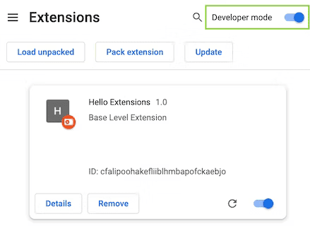 Chrome Extensions page with Developer mode enabled and Load unpacked visible