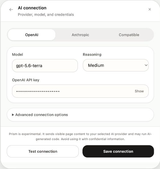 Prism’s real AI connection settings screen with provider, model, reasoning, API key, test, and save controls